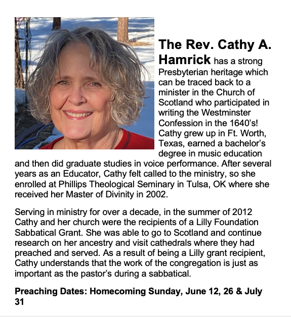 June 26, 2022 – Cathy Hamrick will be preaching
