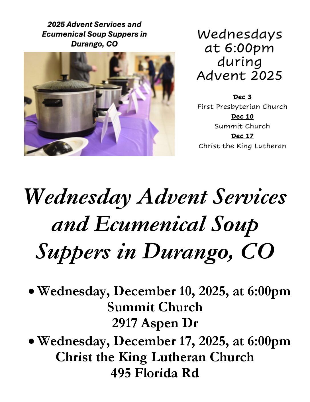 2025 Advent Services and Ecumenical Soup Suppers in Durango, CO